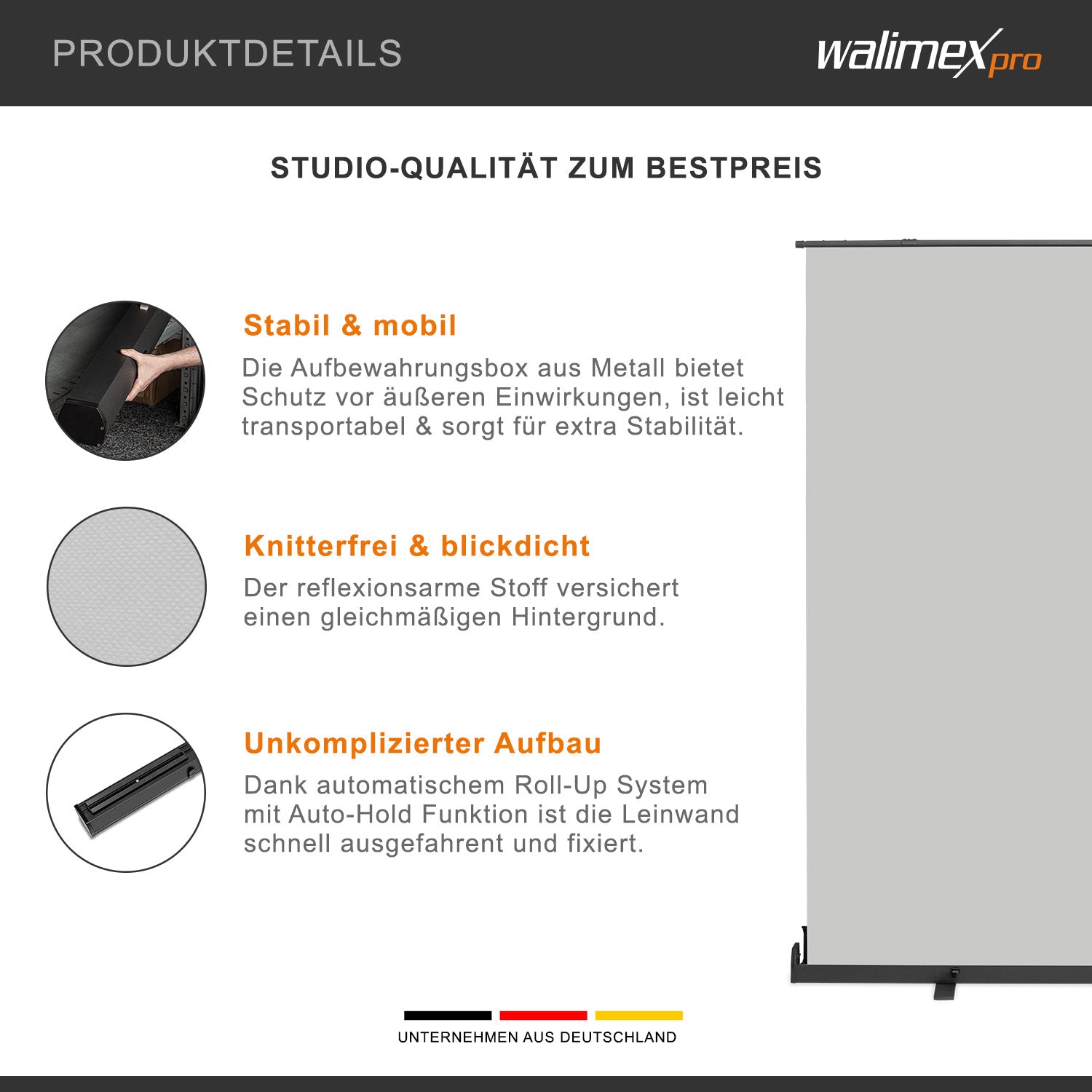 Fondale fotografico roll-up grigio 210x220, sfondo portatile con scatola di trasporto per fotoshooting, sistema autoportante, telo ingualcibile per studio fotografico