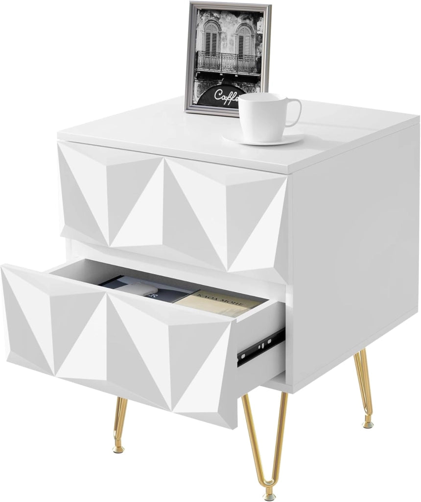 Comodino per Camera da Letto, Comodino Bianco con 2 Cassetti e Gambe Dorate, 40x40x53cm, Tavolino da Salotto, Divano, Cameretta, Frontale in Rilievo, in Legno e Metallo, 0001CTG