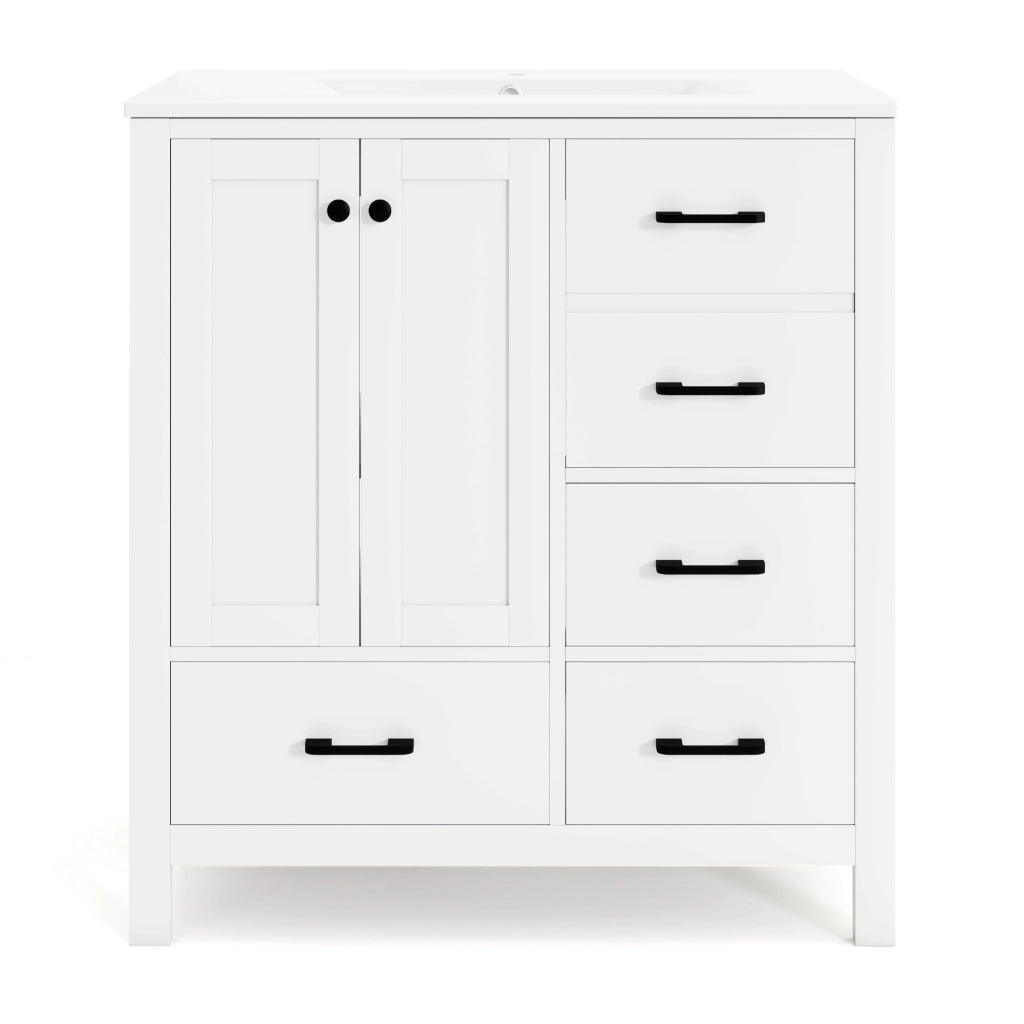 Mobile bagno freestanding 76¡Á46¡Á82 cm con lavabo in ceramica, MDF laccato bianco, 4 cassetti e ripiani regolabili