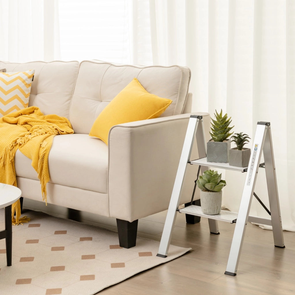 Scala pieghevole in alluminio con gradini antiscivolo e poggiapiedi, Scala portatile portata 150kg 44x49x66cm