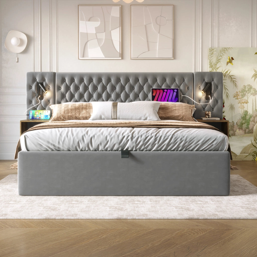 Letti contenitori 180x200 cm con 2 comodini e luci lettura; velluto grigio (Senza materasso)