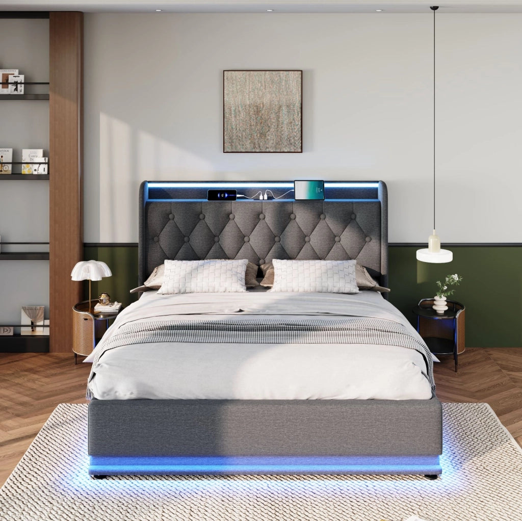 Letto matrimoniale 140x200 cm con materasso incluso, LED 360°, contenitore idraulico e USB Type-C