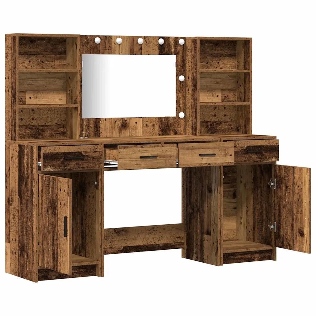 Set da Toeletta | Tavolo da Trucco con LED con porta 3 pz Legno vecchio