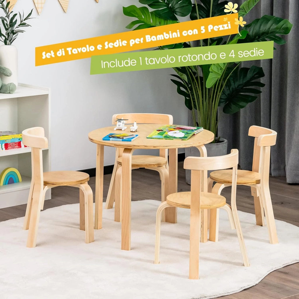 Set Tavolo e Sedie per Bambini, con Schienale Curvo in Legno, Tavolo Attività per Bambini con 4 Sedie, Capacità di Peso 25kg, 4+ Anni (naturale)