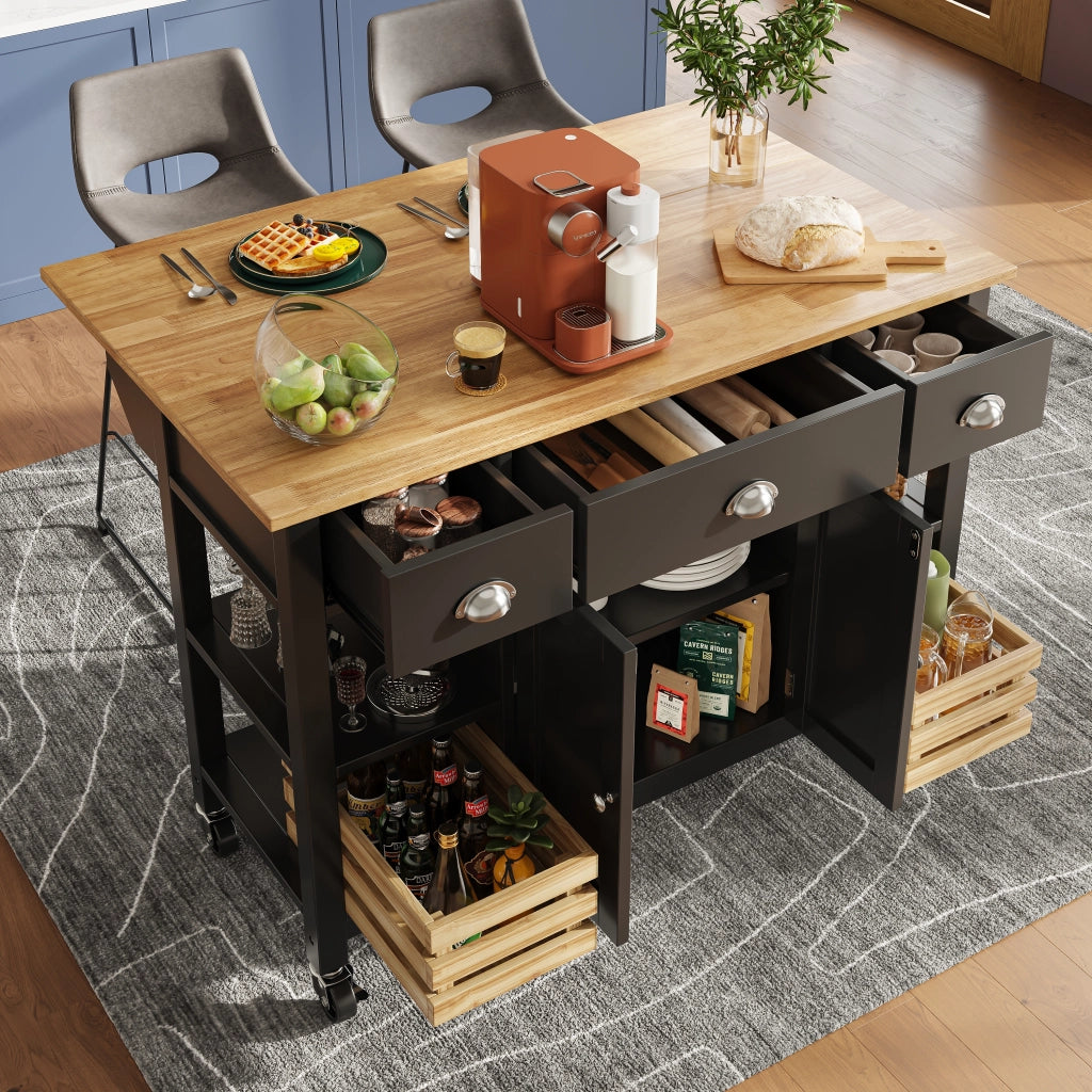 Carrello da Cucina con 1 Cassetto; 1 Anta; Piano Pieghevole e Ruote in MDF 120 x 45 x 90 cm Nero Naturale
