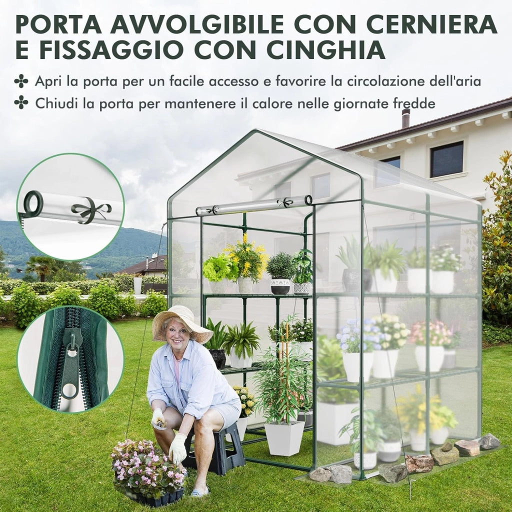 Serra da Giardino con 8 Ripiani, Telo Trasparente in PVC, Porta Avvolgibile con Cerniera, Telaio in Acciaio Robusto e Anticorrosione, Serra da Esterno per Piante, Fiori e Frutta