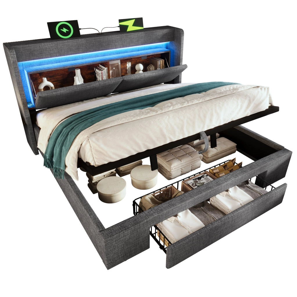 Letto imbottito 180x200 cm con contenitore idraulico, LED e prese USB