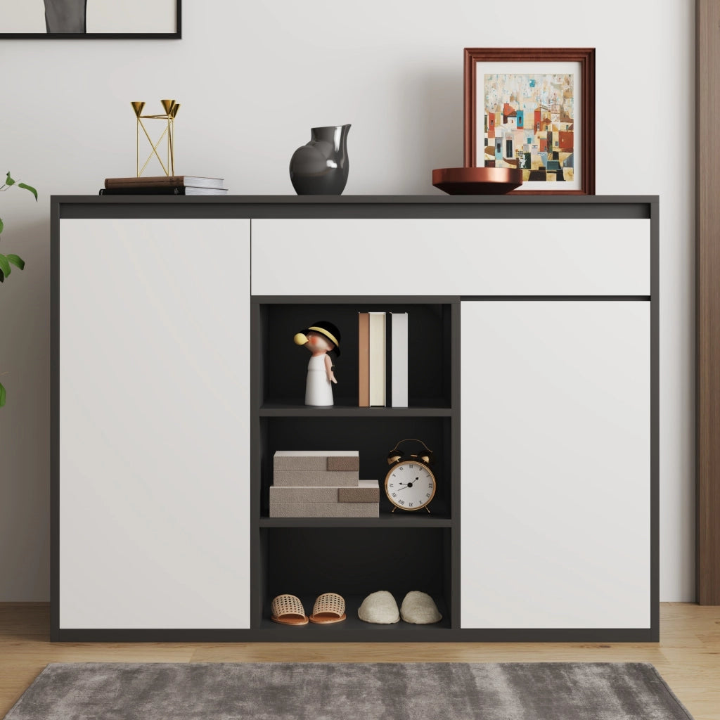 OKWISH Scarpiera con 2 Ante, 1 Cassetto, Ripiani Regolabili e LED, per Ingresso, Nero, 105 x 39.5 x 86 cm