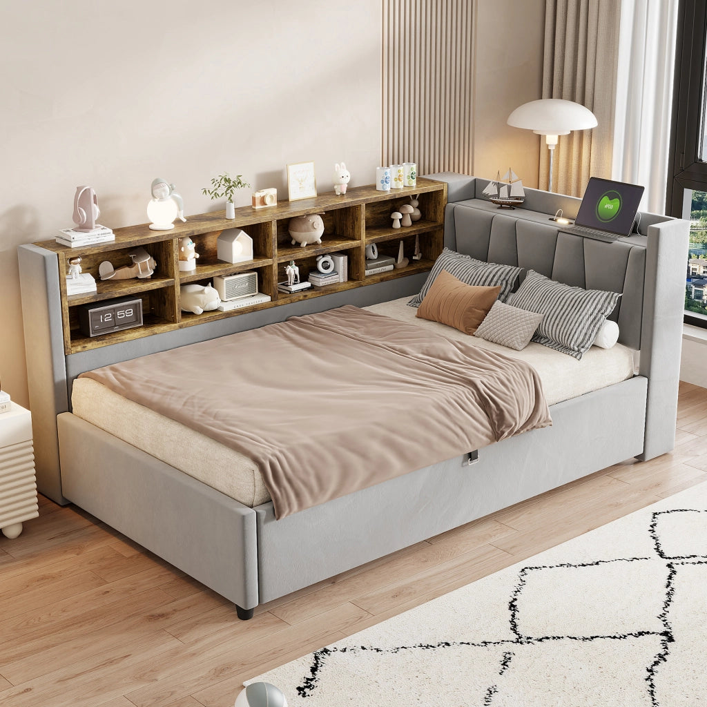 LETTO imbottito 90x200 cm in velluto grigio con testiera multifunzione