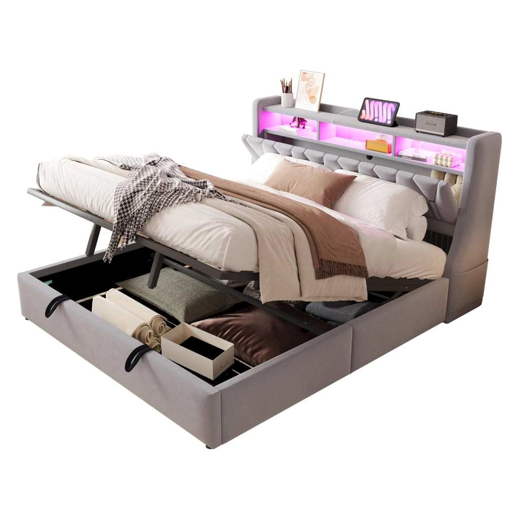 Letto imbottito 180x200 cm con contenitore idraulico, testiera reclinabile con prese USB e USB-C, LED e rivestimento in velluto grigio chiaro