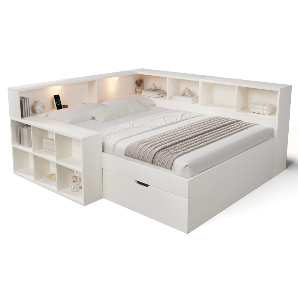 LETTO 140x190 cm con cassetti, USB, Type-C e luci Bianco