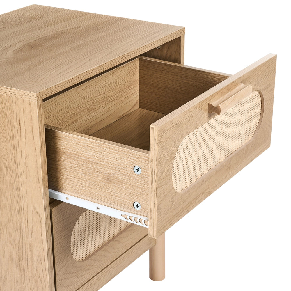Comodino marrone chiaro in truciolato con frontale in rattan 2 cassetti Stile Boho Contenitore per camera da letto