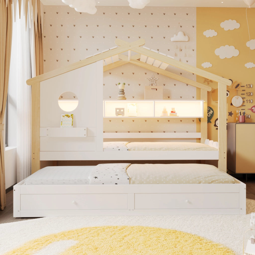 Letto 90200 bianco+legno letto extra 90190 design della casa cassetti USB+Type-C+LED mensole
