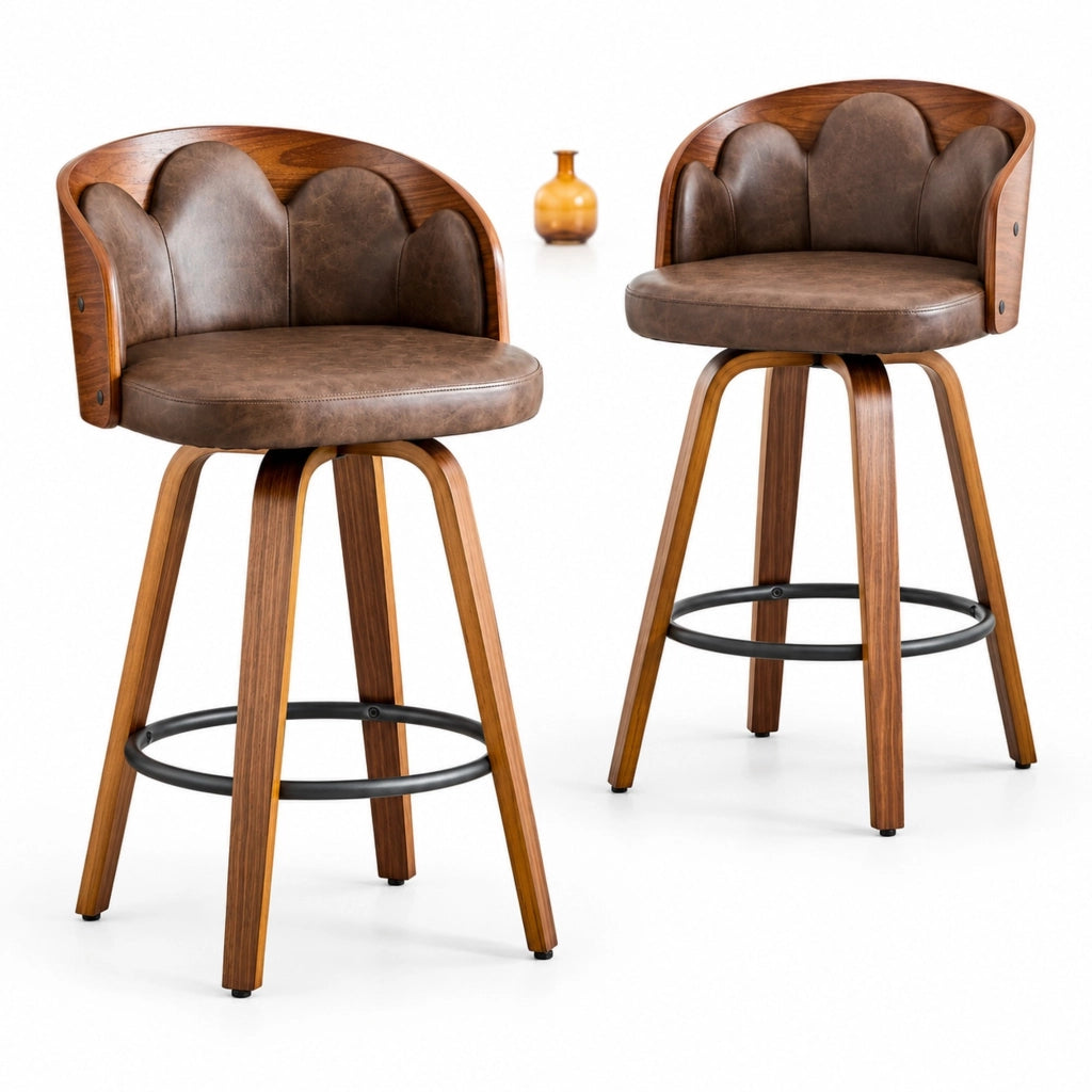 Set di 2 sgabelli da bar 89 cm in legno e PU marrone, schienale floreale