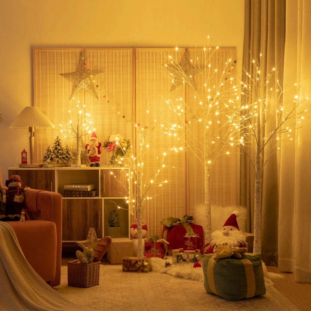 Albero artificiale illuminato 120cm con 48 luci LED calde e bianche, Albero di betulla per Natale Pasqua Bianco-Alberi di Natale