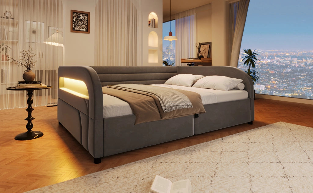 Letto imbottito con contenitore idraulico e LED, 140x200 cm, grigio