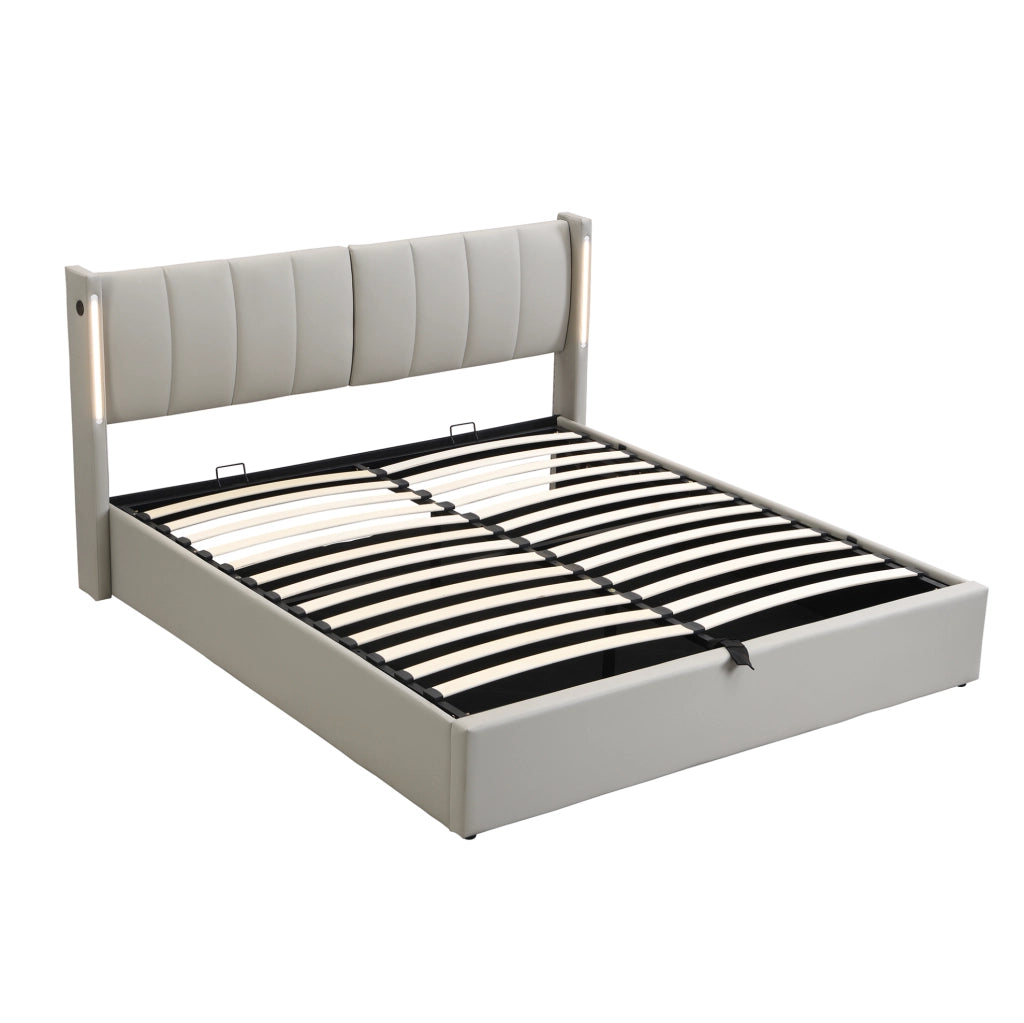 Letto imbottito 140x200 cm con LED; USB; testiera regolabile e contenitore; PU grigio