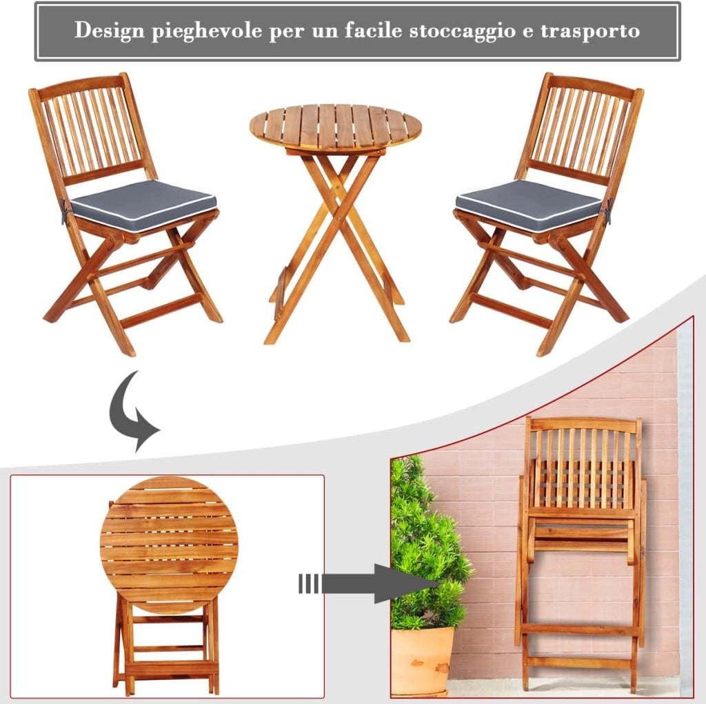 Set Tavolino e Sedie da Giardino, Set da Bistrò 3 Pezzi Pieghevole in Legno di Acacia, con Cuscino, Tavolino Portato 80 kg, Sedie Portate 160 kg (Cuscino Grigio)