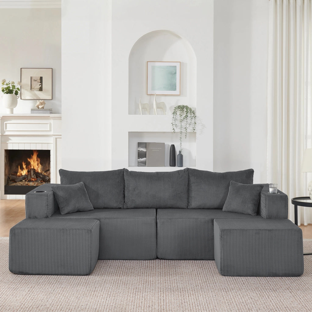 Divano angolare modulare 3 posti con pouf mobili, portabicchieri, tasche laterali e cuscini in tessuto a coste grigio