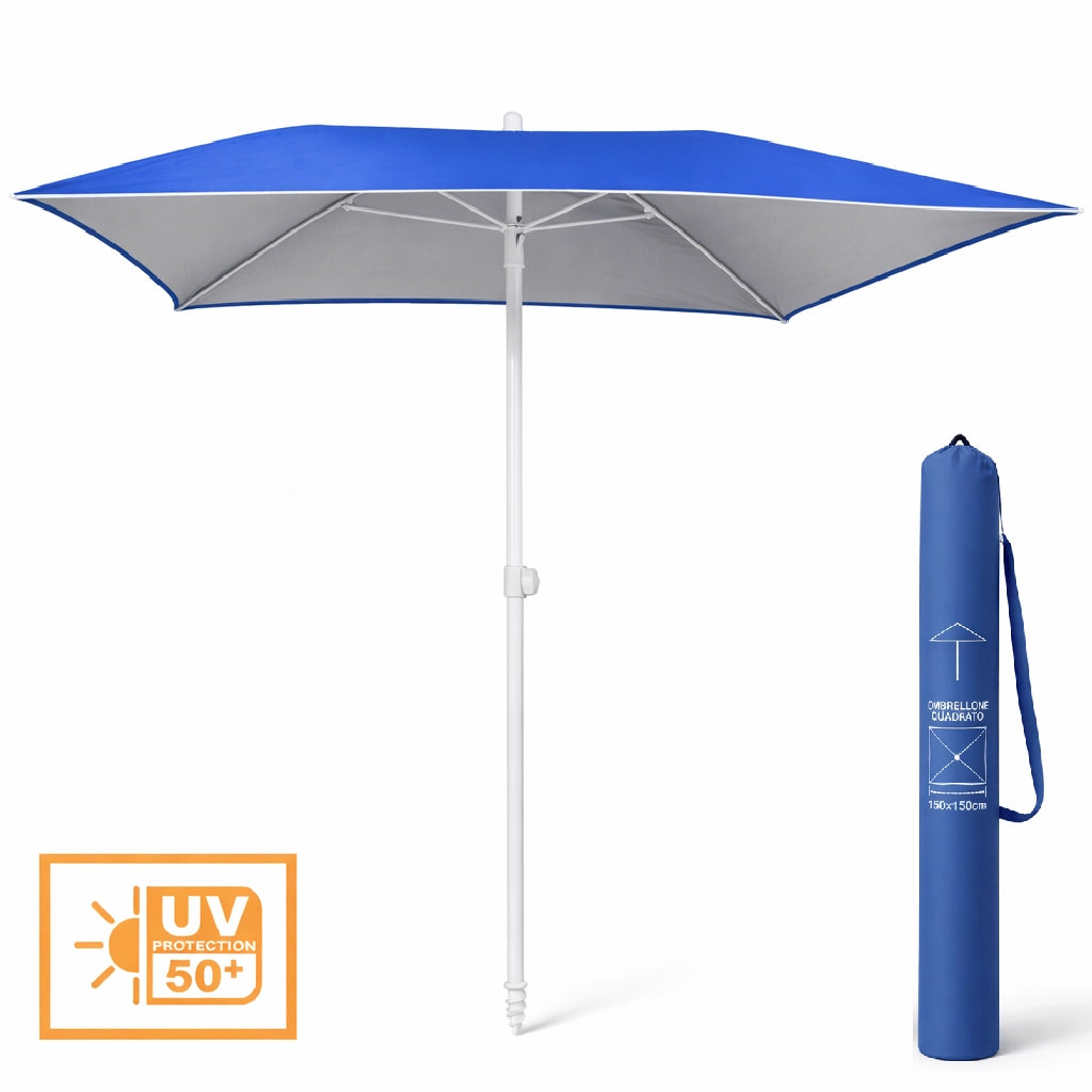 Ombrellone Mare 150x150 Antivento UV50+ Snodo 45° Palo 32 Stecche Fibra Vetro Blu
