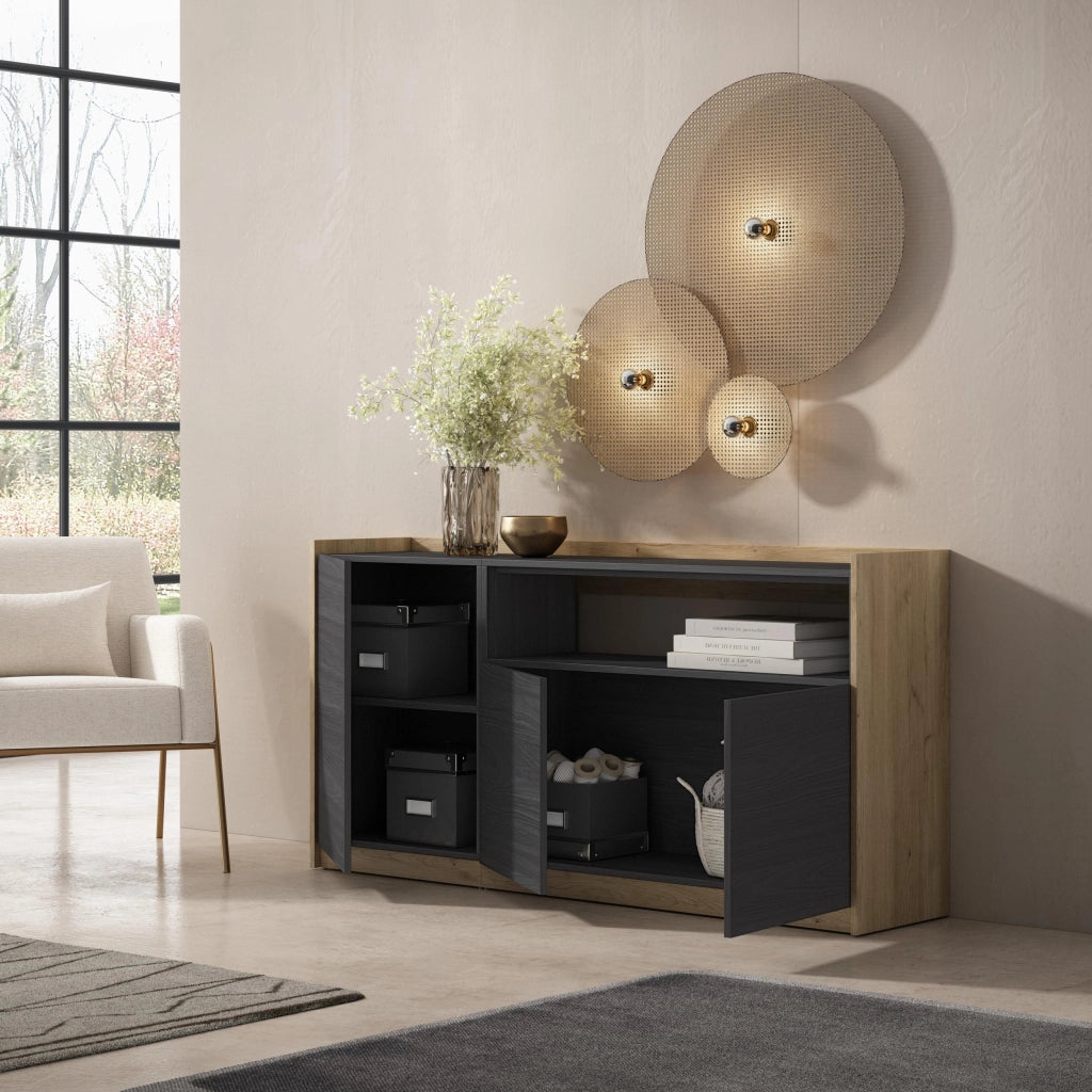 Credenza, Mobile, Cucina, 156x80x37 cm, 3 Porte, grande stoccaggio, Nero e rovere