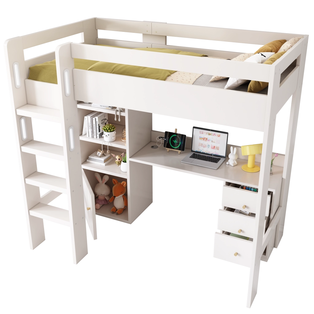 OKWISH Letto a soppalco 90×200 cm, Letto Singolo con Scrivania con USB e Tipo C, Armadio, Scaffali e Scala, senza Materasso, Bianco
