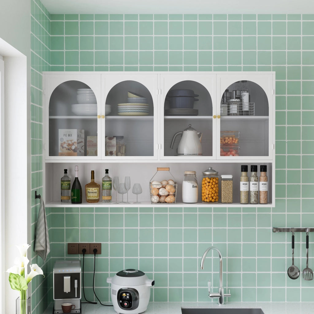 Mobile contenitore con 4 ante in vetro e metallo per cucina e soggiorno; 120×23×70 cm; bianco