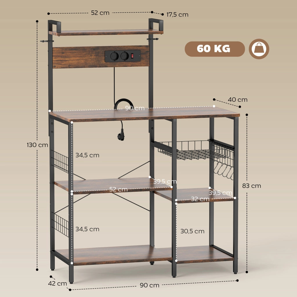 Scaffale da cucina con 2 prese, 5 ganci, 5 ripiani, cesto, rinforzi a X ¨C zephmum ¨C 90x42x130 cm