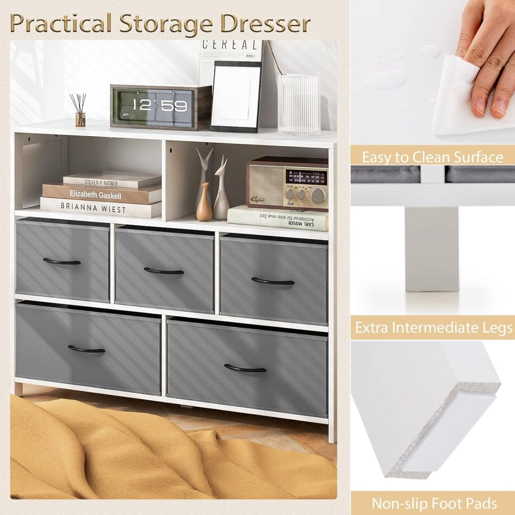 Cassettiera a 5 Cassetti, Comò Camera da Letto in Tessuto, Mobiletto Cucina con Maniglie, Scomparti e 5 Tiretti Pieghevoli, Armadio Multiuso per Bagno, Ingresso, Soggiorno, 100 x 30 x 78 cm