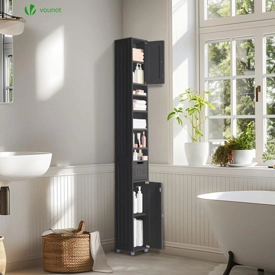 Zuila per bagno spaziale - armadio per bagno alto con 2 porte e 1 cassetto - 20 x 20 x 180 cm - armadio per bagno alto in nero