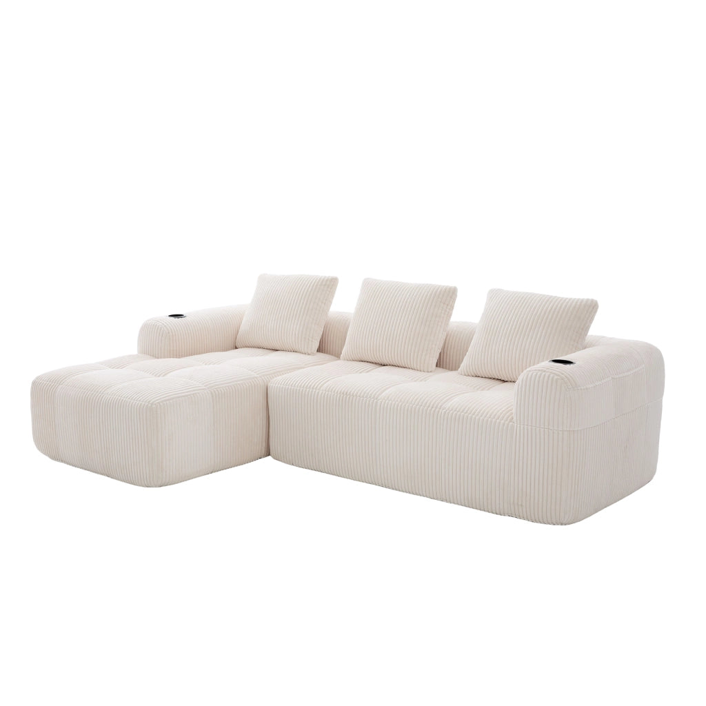 Divano modulare in velluto a coste con tasche laterali, portabicchieri e 3 cuscini, beige 253 × 158 × 61 cm