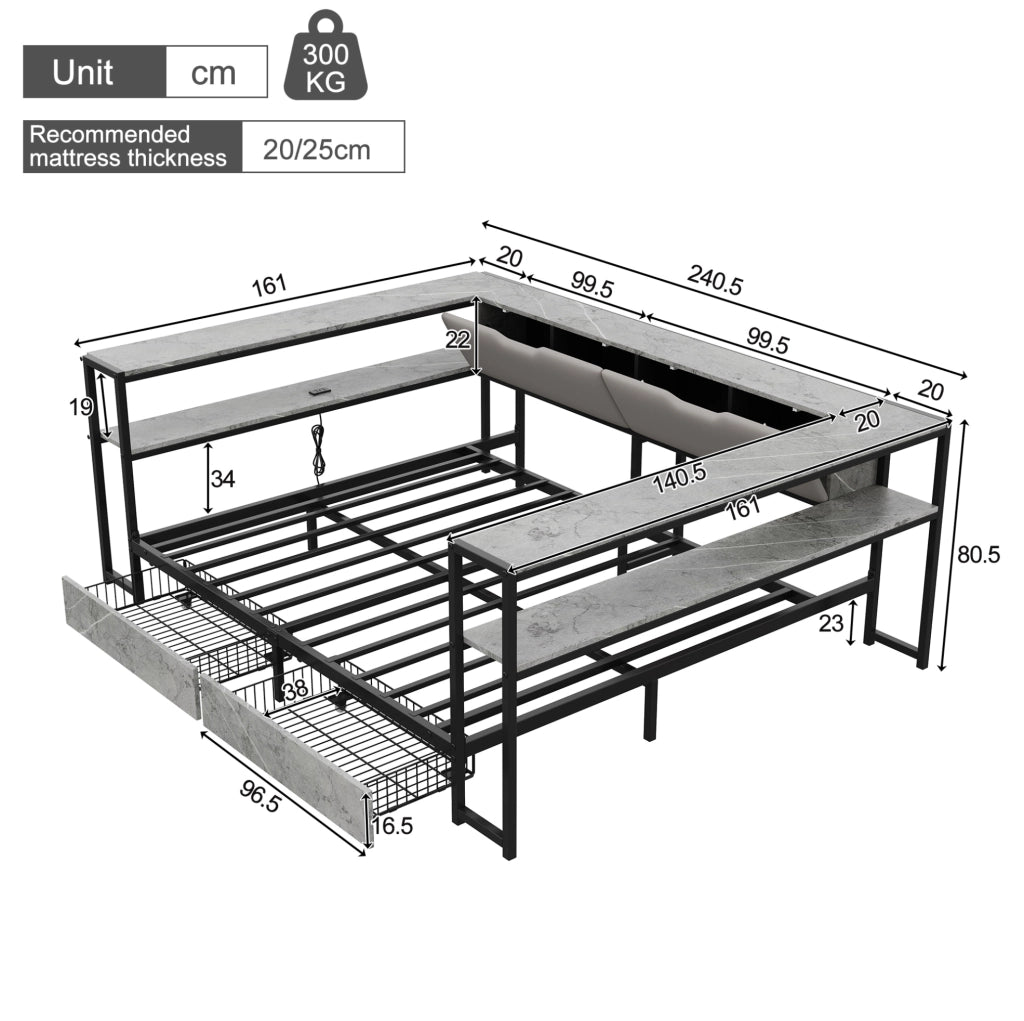 Letto singolo imbottito con contenitori; USB e Type-C; 140x200 cm; grigio in MDF e metallo