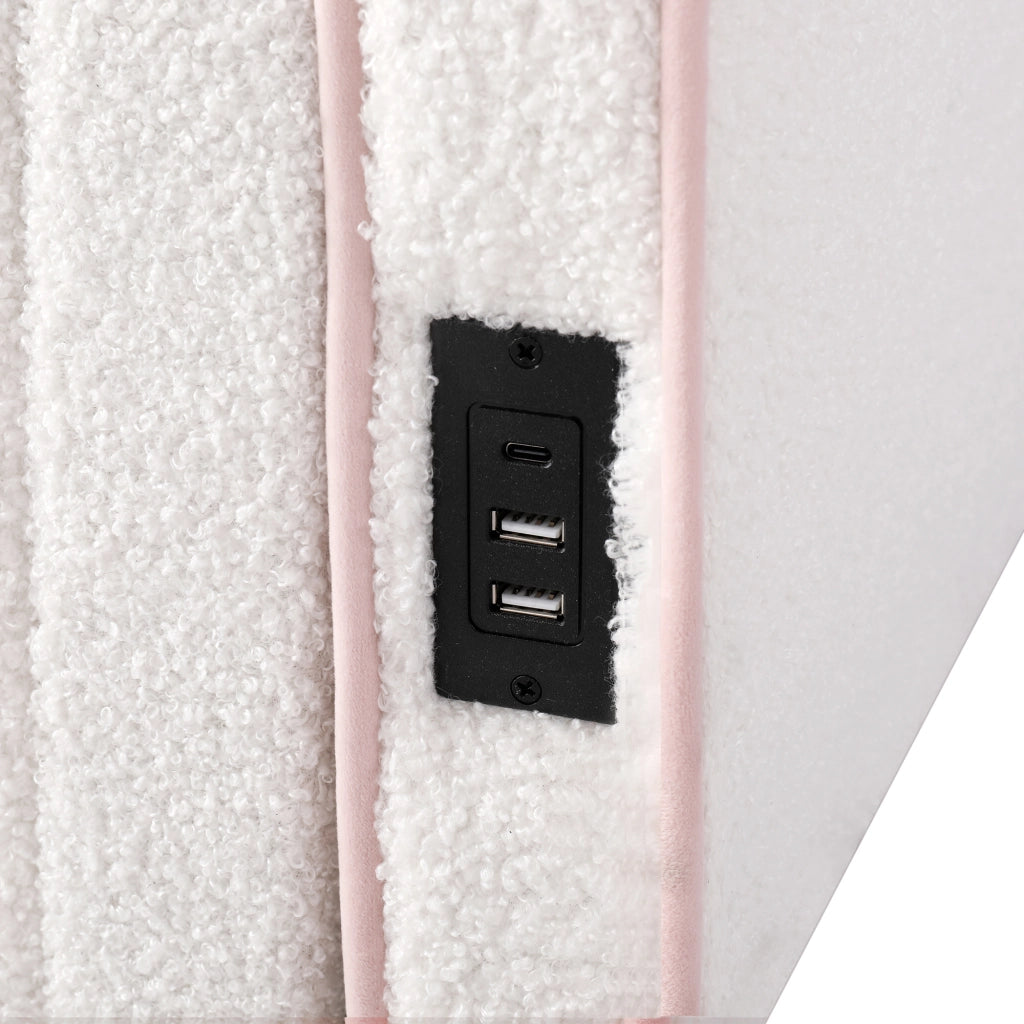 Letto Estraibile 90x200 cm e 180x200 cm con Cassetti; USB e Type-C in Bouclé Beige