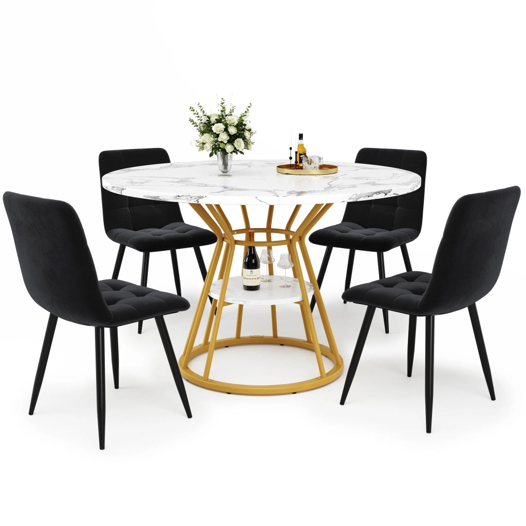 Tavolo da pranzo per 4 persone con 4 sedie in velluto, piano effetto marmo, in MDF e metallo, oro, 100 × 100 × 76 cm