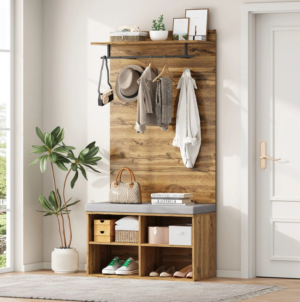 Set guardaroba da ingresso 175 cm con panca portascarpe; appendiabiti e ripiano regolabile; rovere