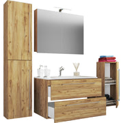 Completo Set5 pz Mobile sosp 2 casetti con Lavabo XL in ceramica incl 1 Colonna 1 mobile sosp e mobile specchio, Rovere