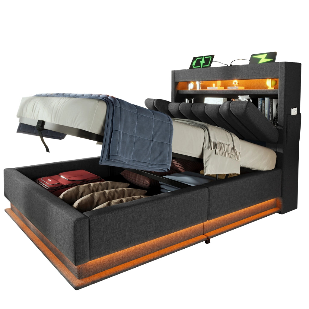 Letto singolo 90x200 cm in lino grigio con LED; USB; Type-C e contenitore idraulico