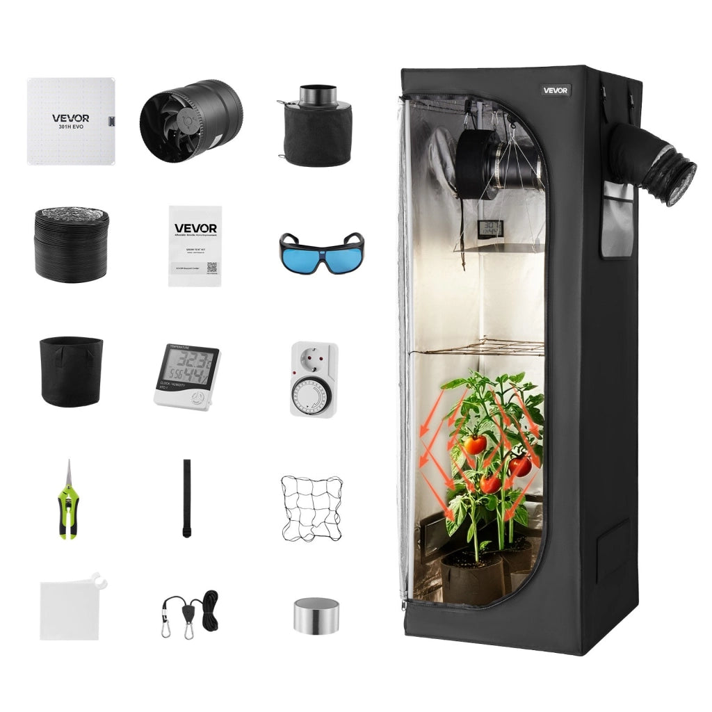 Kit Tenda da Coltivazione Indoor 60x60x180 cm con Luce LED 100W e Ventilazione Tessuto Oxford 600D Nero per Piante e Fiori