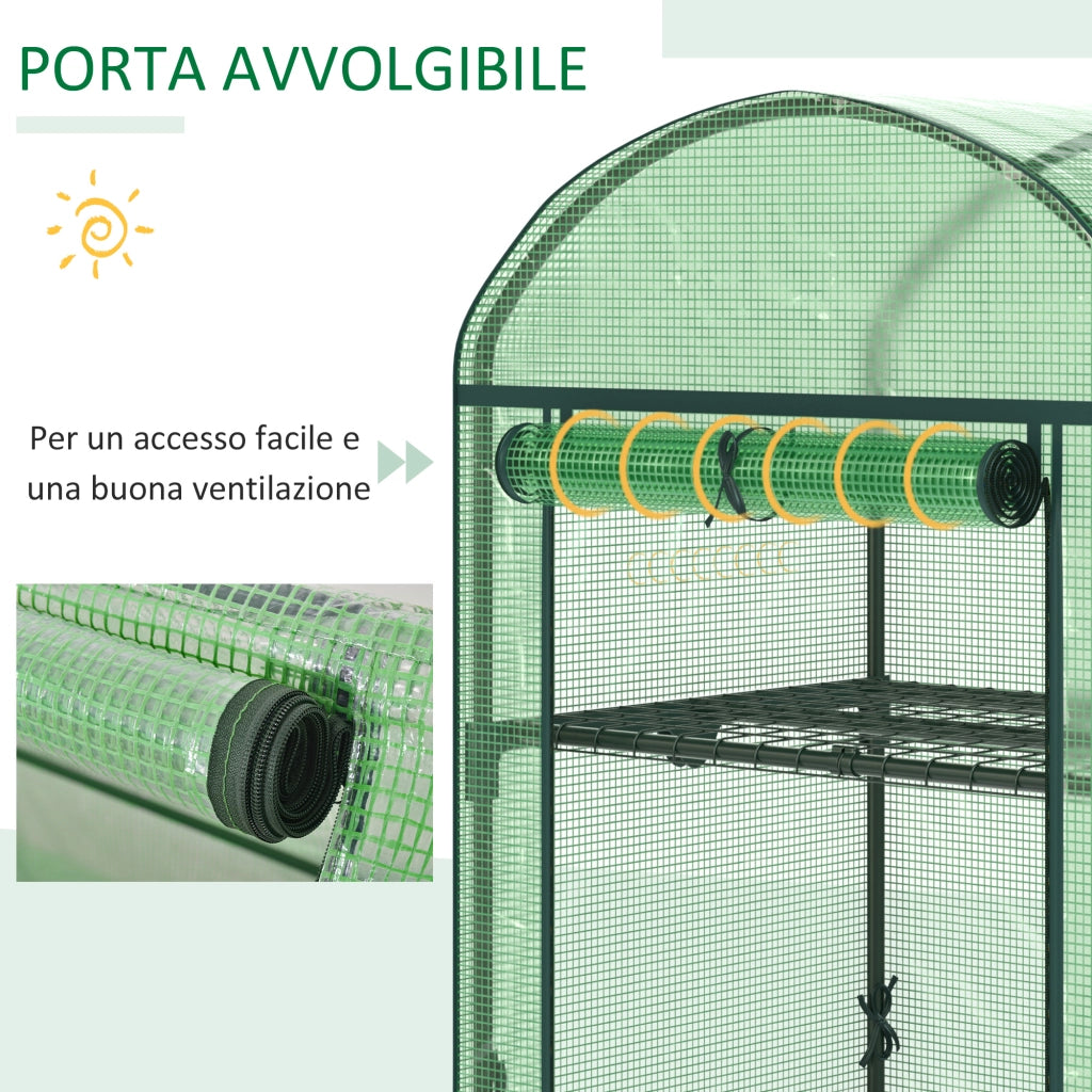 Mini Serra da Giardino con 2 Ripiani in Metallo e Copertura in PE, 69x49x92cm, Verde