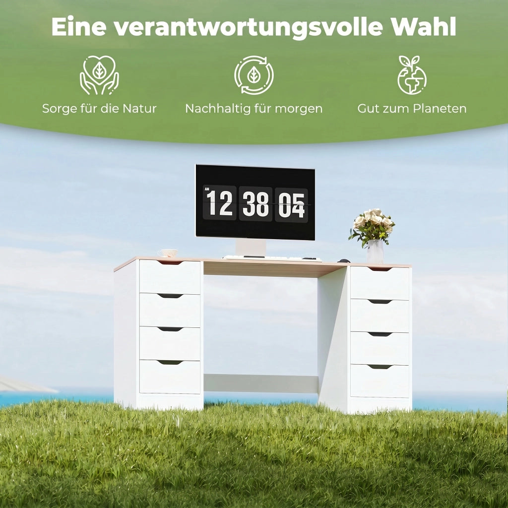 Scrivania 140 cm con 8 cassetti ¨C Xylo ¨C legno e metallo bianco per ufficio e camera