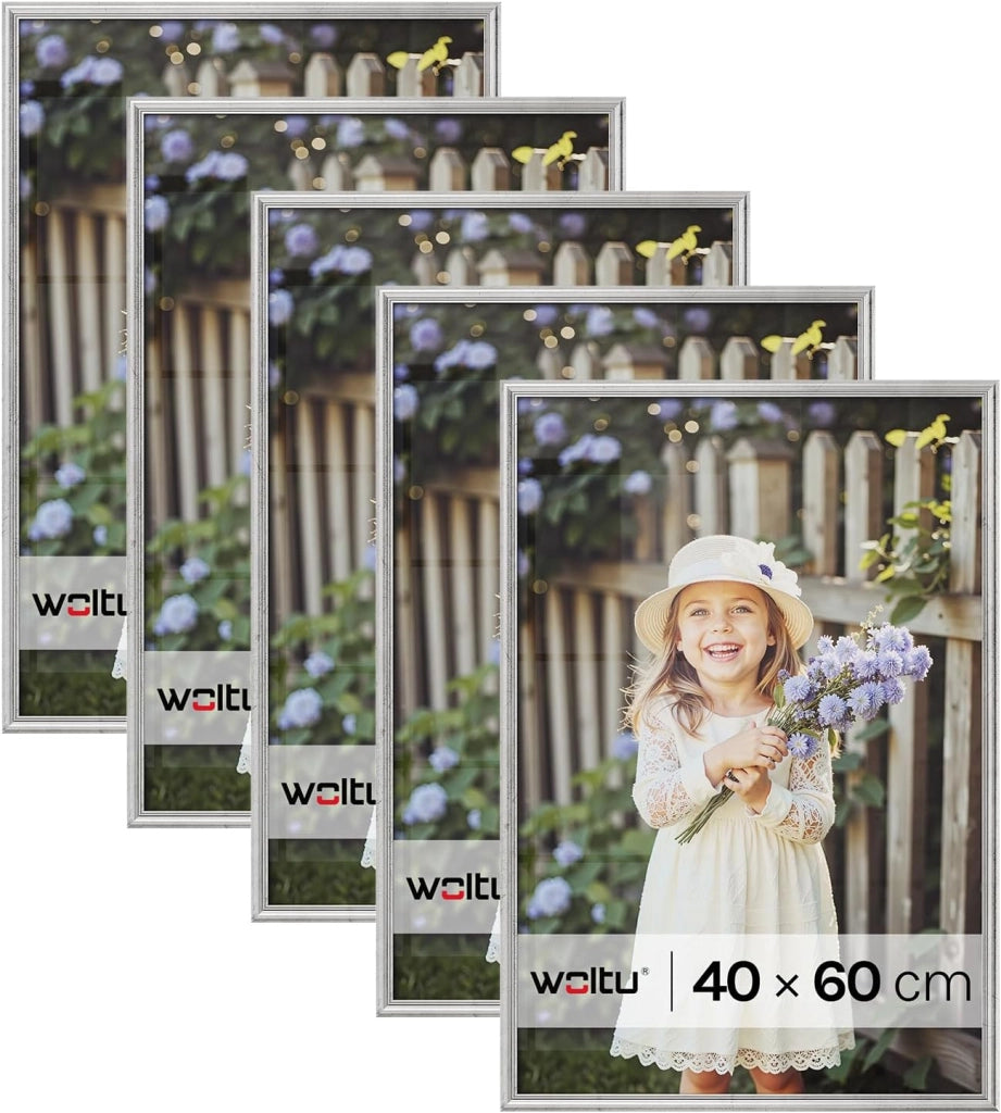 Set di 5 Cornici Foto 40x60 cm con Passepartout, Portafoto da Parete e Tavolo, Verticale o Orizzontale, in Legno Massiccio, Argento