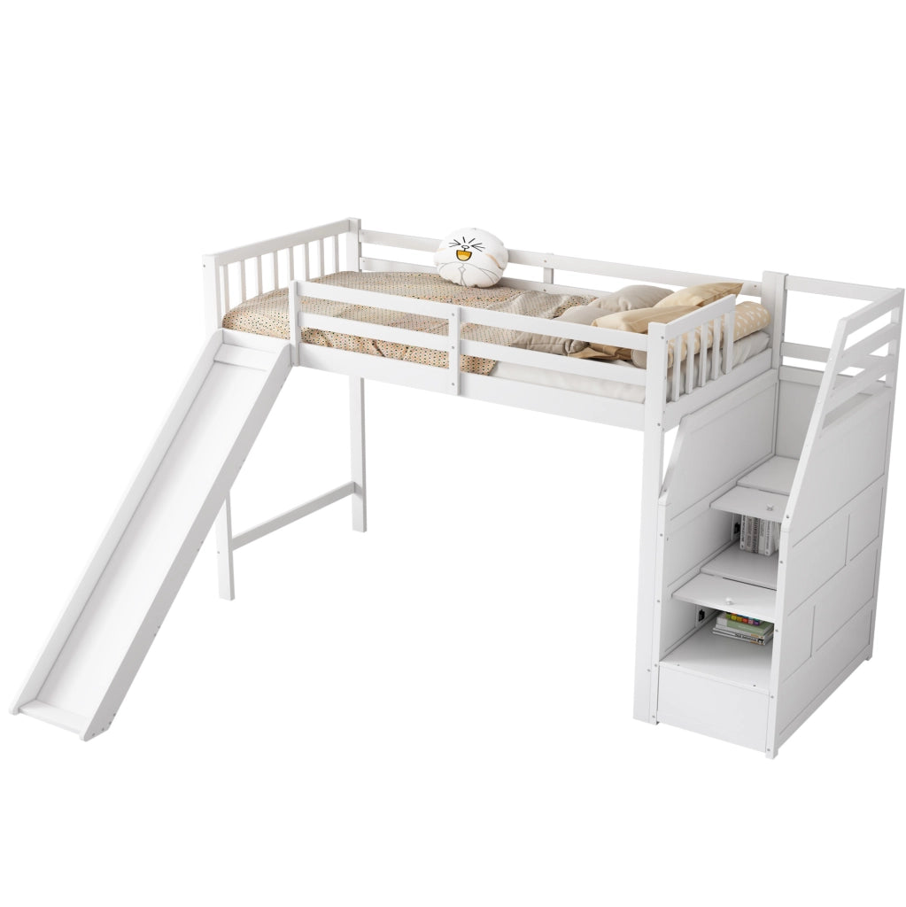 Letto a soppalco per bambini 90x200 cm con scivolo; scala contenitore; bianco