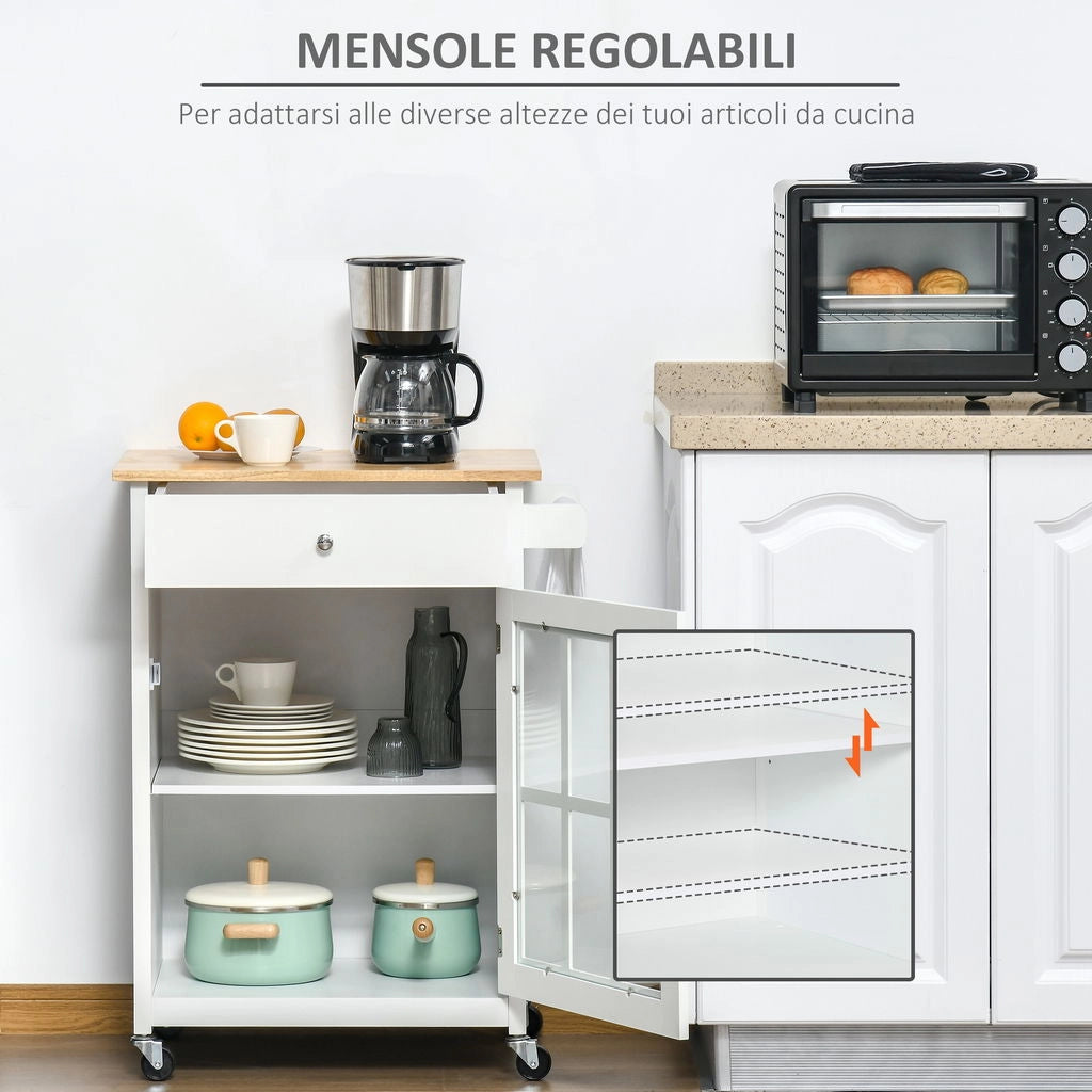 CARRELLO DA CUCINA CON CASSETTO E ANTA A VETRO 67X48X86.5 CM  BIANCO