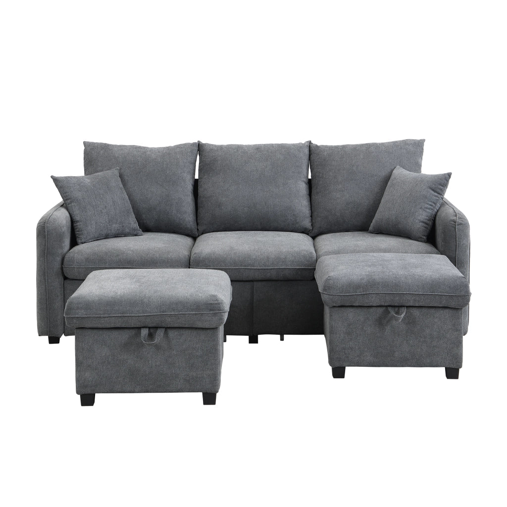 Divano Angolare Modulare 3 Posti con Contenitore; Convertibile con 2 Pouf Contenitore; Struttura Metallo Legno in Ciniglia Grigio Scuro