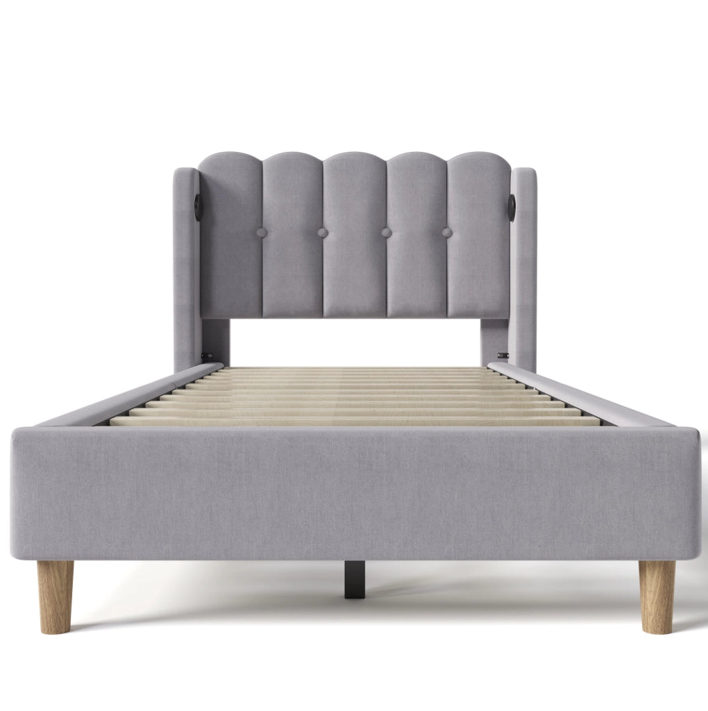 Letto imbottito 90x200 cm con ricarica USB e Type C; lino; grigio (Senza materasso)