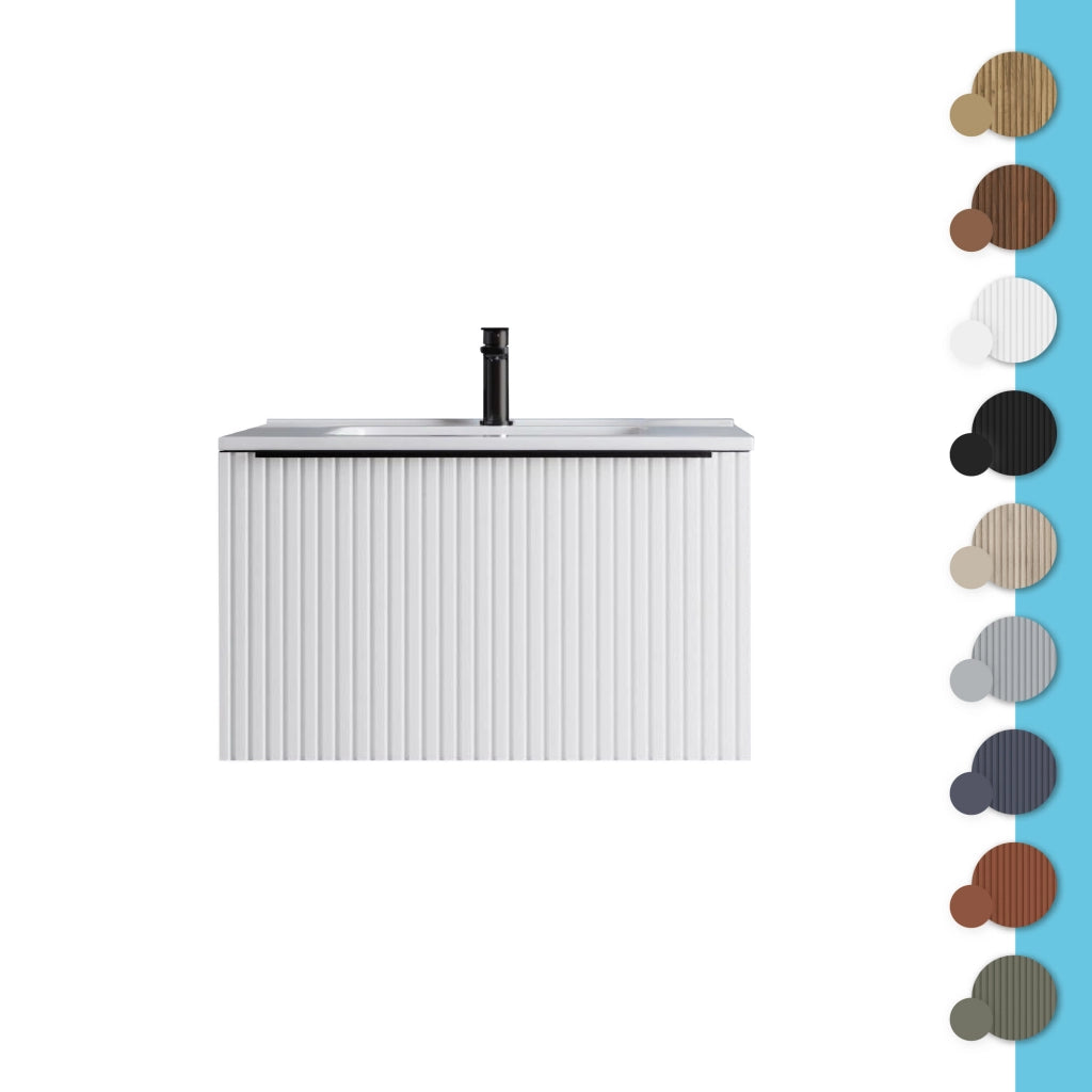 Mobile bagno sospeso 100 cm nero opaco cannettato con cassetto e lavabo Nara