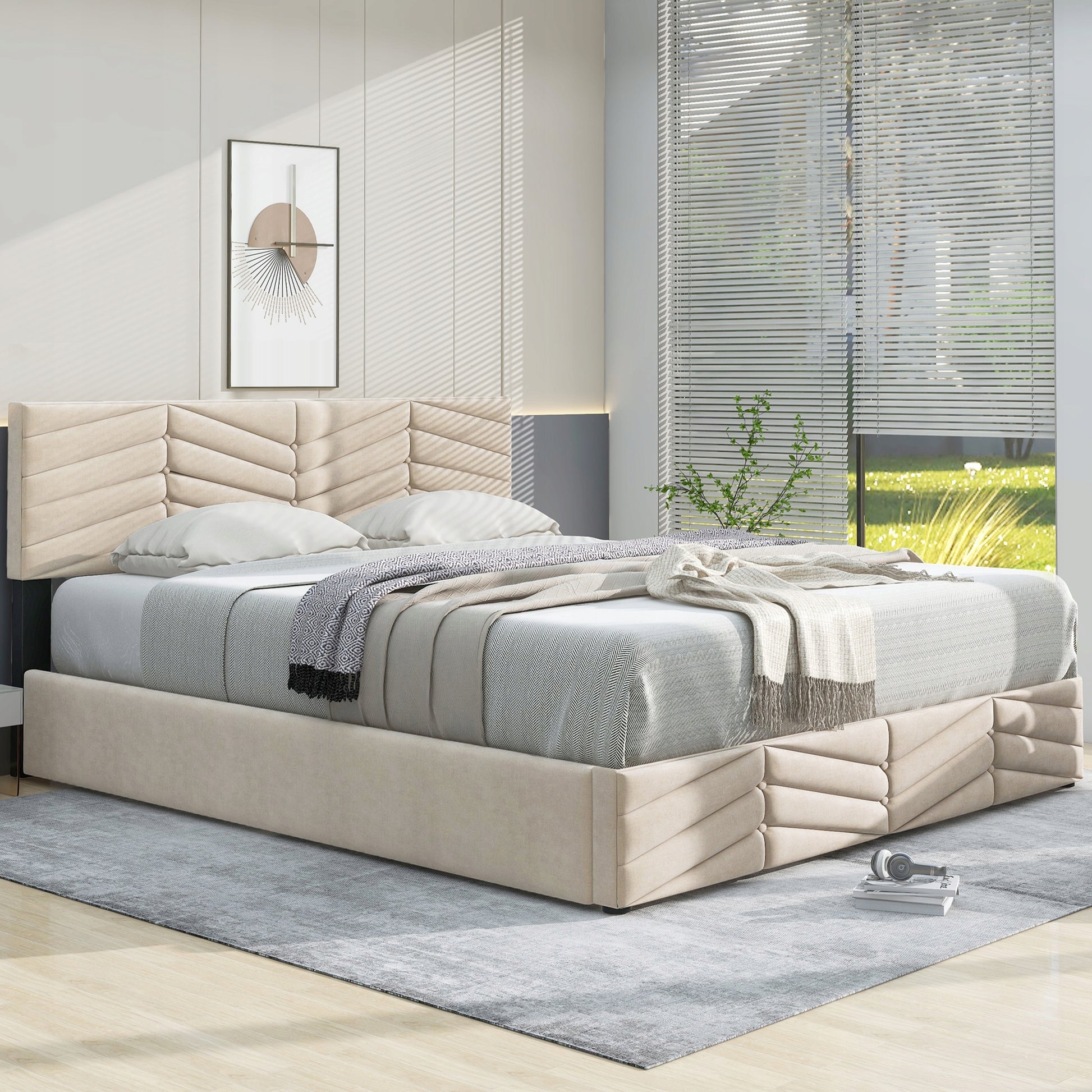 Letto matrimoniale 140x190cm - Xylo - Tessuto velluto olandese, struttura, colore beige