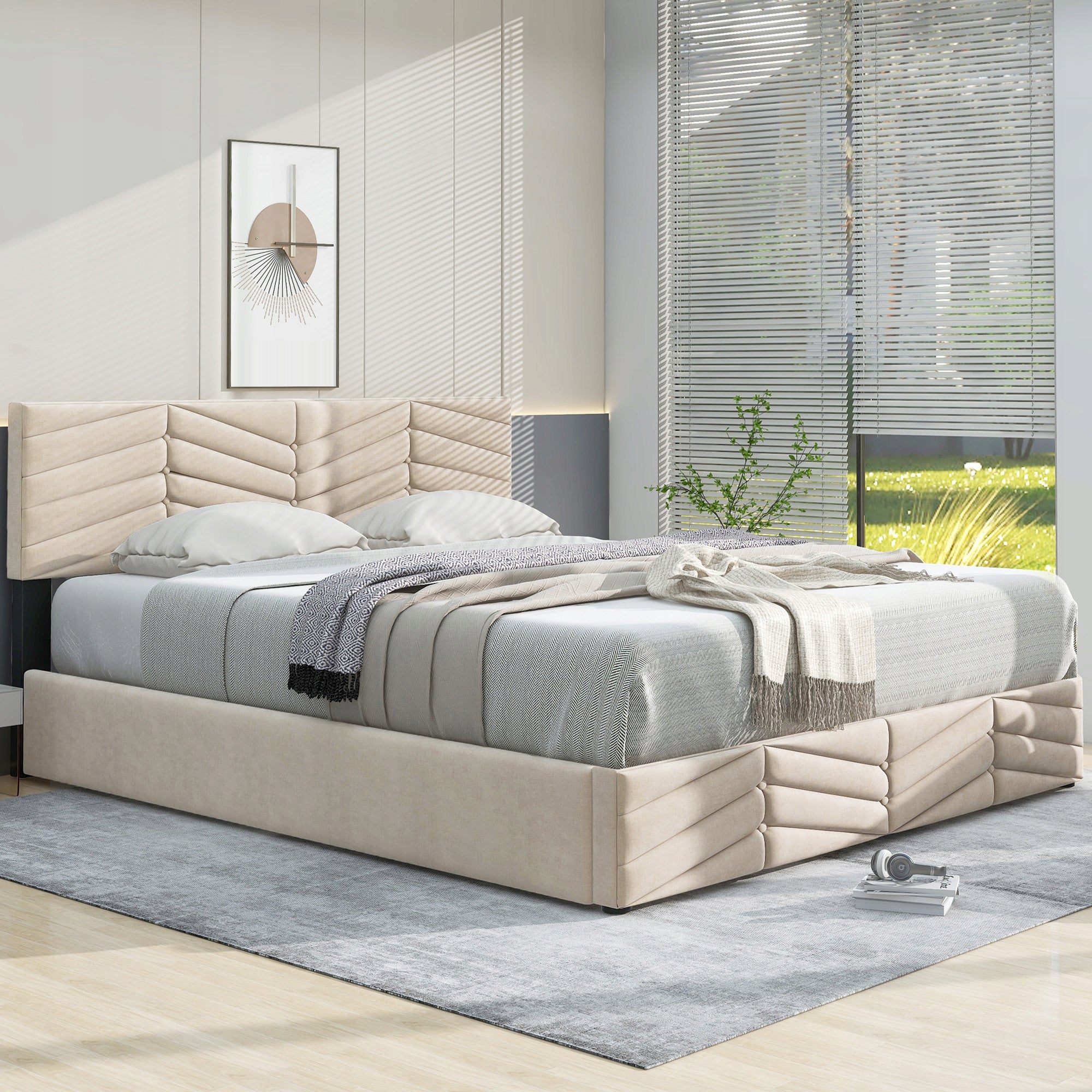 Letto matrimoniale 140x190cm - Xylo - Tessuto velluto olandese, struttura, colore beige