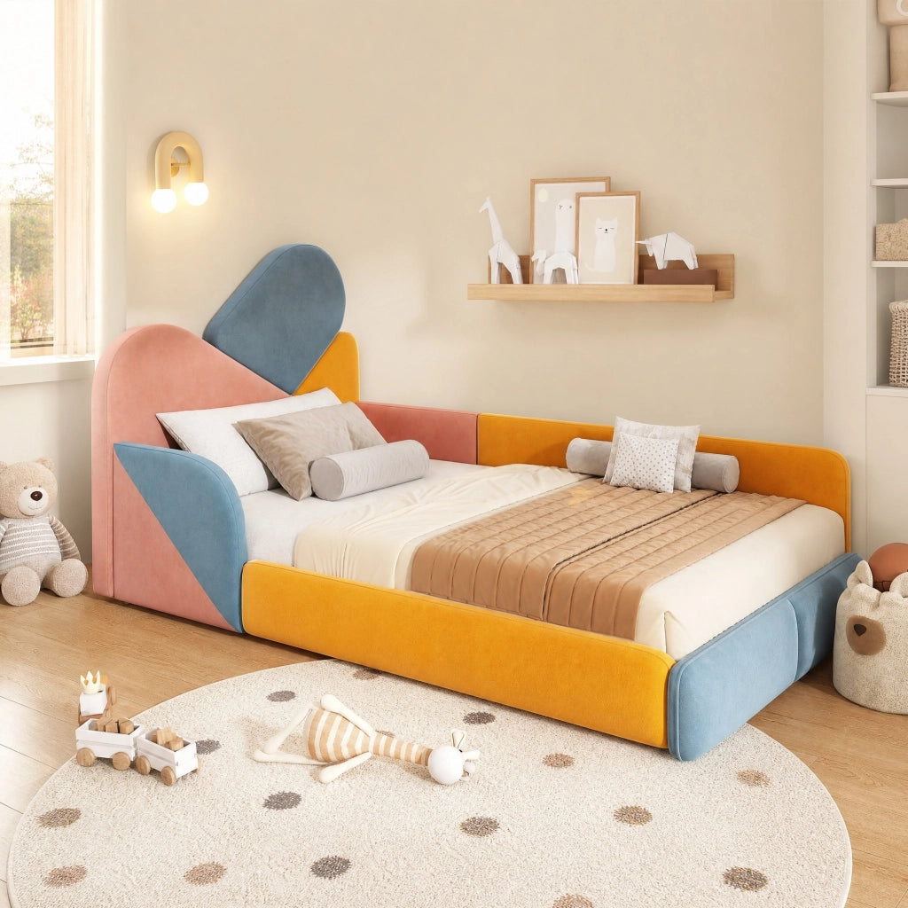 Letto imbottito per bambini 90x200 cm, patchwork multicolore, con sponde laterali rialzate, velluto