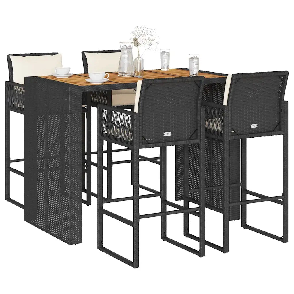 Set Bar da Giardino 5 pz con Cuscini Nero in Polyrattan Acacia 3328899